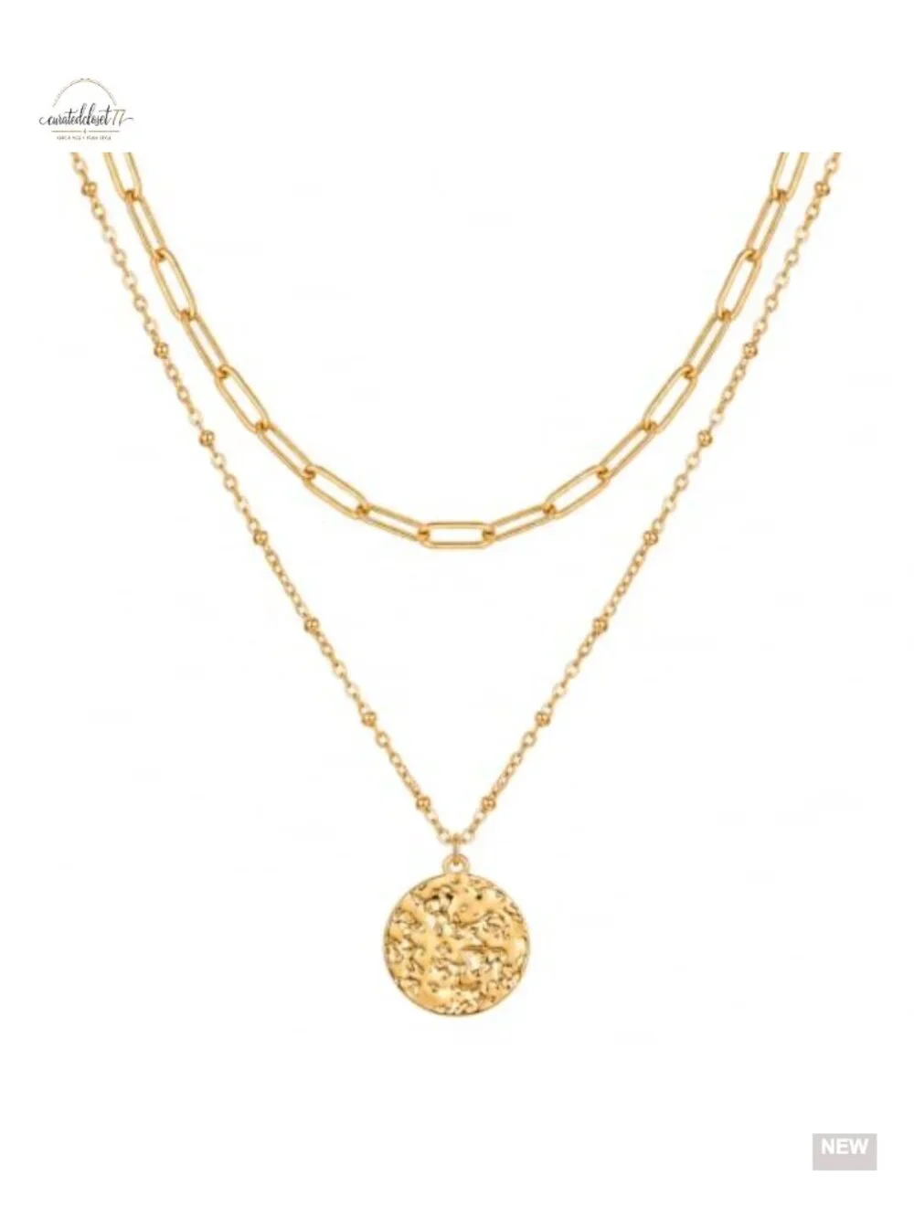 2 Piece Paperclip & Disc Pendant Necklace Set Stainless Steel Gold Plated